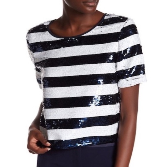 Sandro Sequin White Navy Stripe Cropped Nautical Top Blouse Sz 2 - Picture 1 of 7